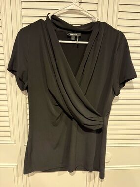 DKNY Black Draped V-Neck Short Sleeve Blouse